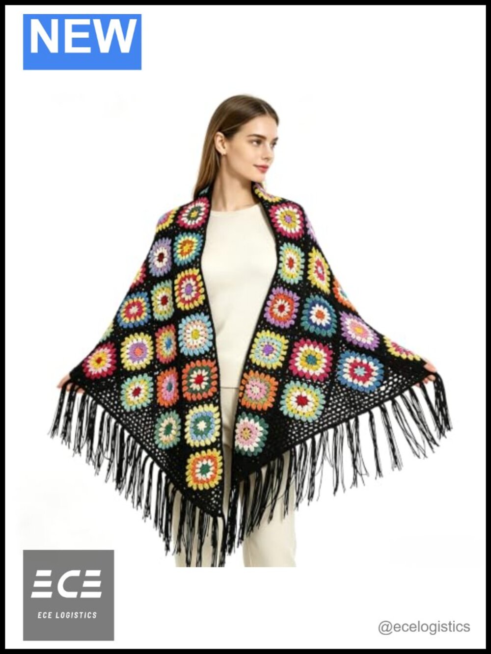 Hand Crocheted Granny Square Triangle Shawl Fringe Wrap